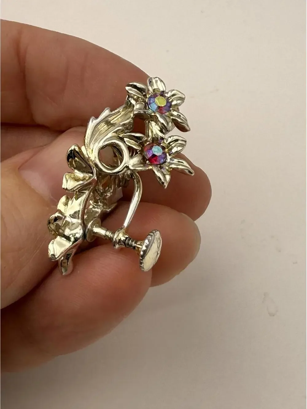 Vintage Floral Screw Back Earrings with Colorful Rhinestones